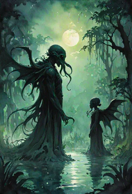 Cthulhu, green vapor, eldritch, eerie moon, swamp, by Lois van Baarle and Victor Nizovtsev in the style of Thomas Saliot and Bess Hamiti, silhouette <lora:silhouette:3.00> <lora:watercolor_v1_sdxl:0.90>
