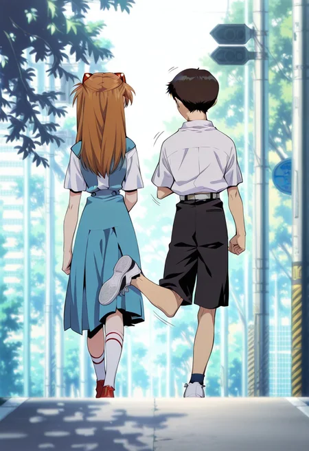IllusP0s, lazypos, smooth and flowing, with noticeable pleats and textures, Rich, warm colors, deep purple, detailed character designs, dramatic lighting, saturated colors, anime style, anime artwork, official art, vibrant colors, digital painting, soft shadows, cinematic lighting,
BREAK
1girl, souryuu asuka langley, long hair, bangs, large breasts,
BREAK
1boy, ((ikari shinji)), brown hair, blue-gray eyes,
BREAK
LRBK, standing on one leg, kicking, from behind, facing away, walking, motion lines, impact effect, road, utility pole, road sign, building, tree, couple,