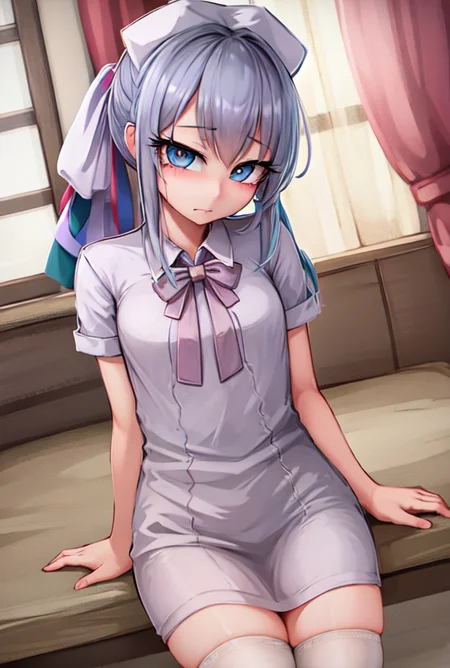 tf_silver_, <lora:silver_v1-000010:STE>, hat, thighhighs, white_legwear, solo, looking_at_viewer, nurse_cap, nurse, holding