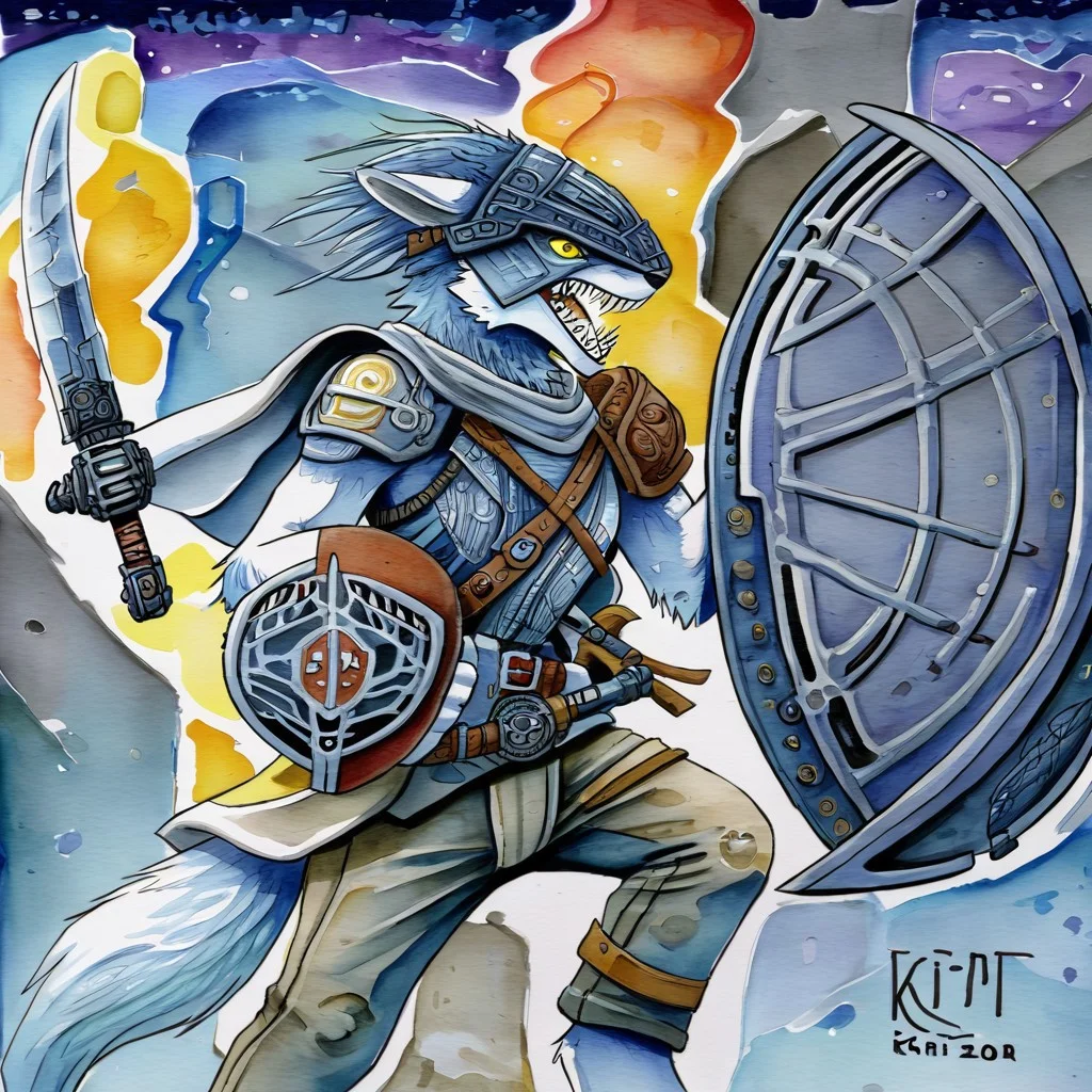 sharp teeth, traditional media, knife, kaijuu, helmet, pants, furry, science fiction, weapon over shoulder, holding sword, holding shield, holding axe. Made in watercolor.