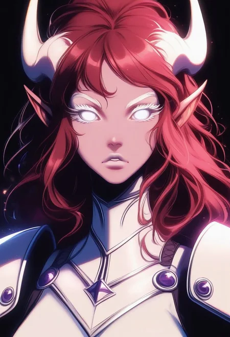 score_9, score_8_up, score_7_up, masterpiece, best quality, highly detailed, source_anime, 1girl, solo, action pose, concept art, sharp lines, god_rays, stickys style:1.7, BREAK
1 girl, tiefling, fantastic 1girl, pure white skin, extremely pale, white eyes, mascara, bold white eyeliner, white lips, white eyelashes, long red hair, elegant, (white armor:1.4), white armor, black background, epic and grand, detailed face, detailed eyes
BREAK
focus on girl, Static Camera Movement, looking at viewer, heroic, elegant theme
<lora:xl_more_art-full_v1:0.8> <lora:GLSHS_-_V3N:1>, GLSHS, <lora:Vikings_StickyS_Lora:1> <lora:SDXLFaeTastic2400:0.4>