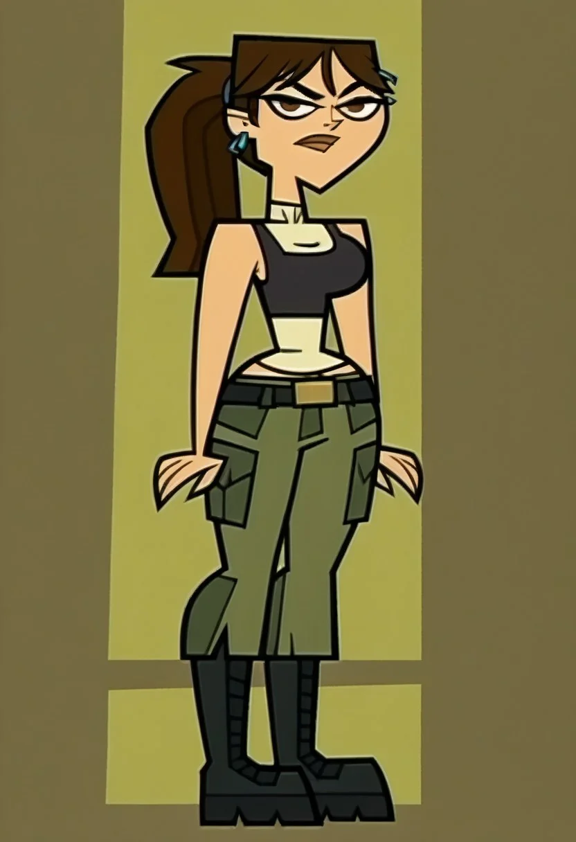 score_9, score_8_up, score_7_up, source_realistic, BREAK, solo, brown hair, ponytail, brown eyes, lips, piercings, Black, crop top, white sleeveless undershirt, green cargo pants, boots, belt, Axel_(Total_Drama), large breasts, full body, standing