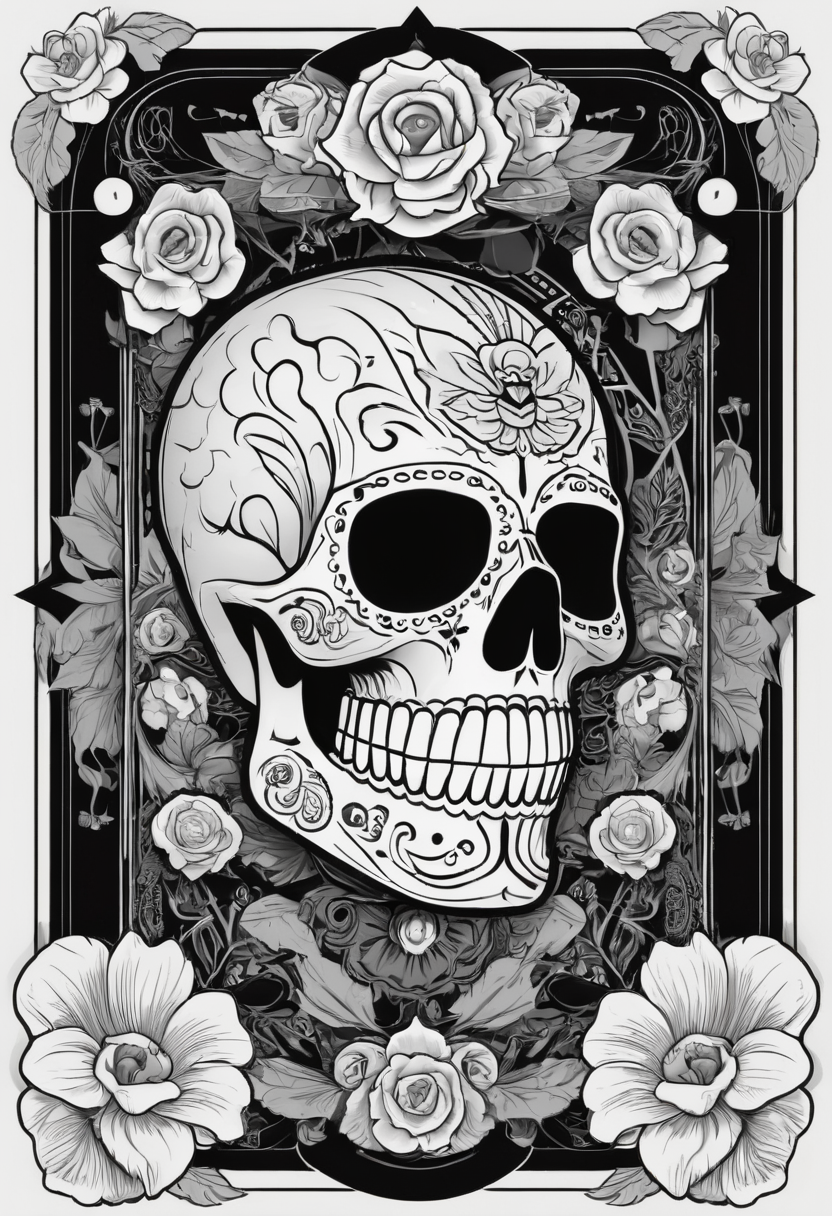 tarot card, dia de los muertos, front perspective, flat, frame,( square:1.1), (white outline:1.2) (black and white:1.2)