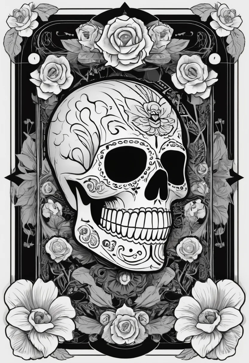 tarot card, dia de los muertos, front perspective, flat, frame,( square:1.1), (white outline:1.2) (black and white:1.2)