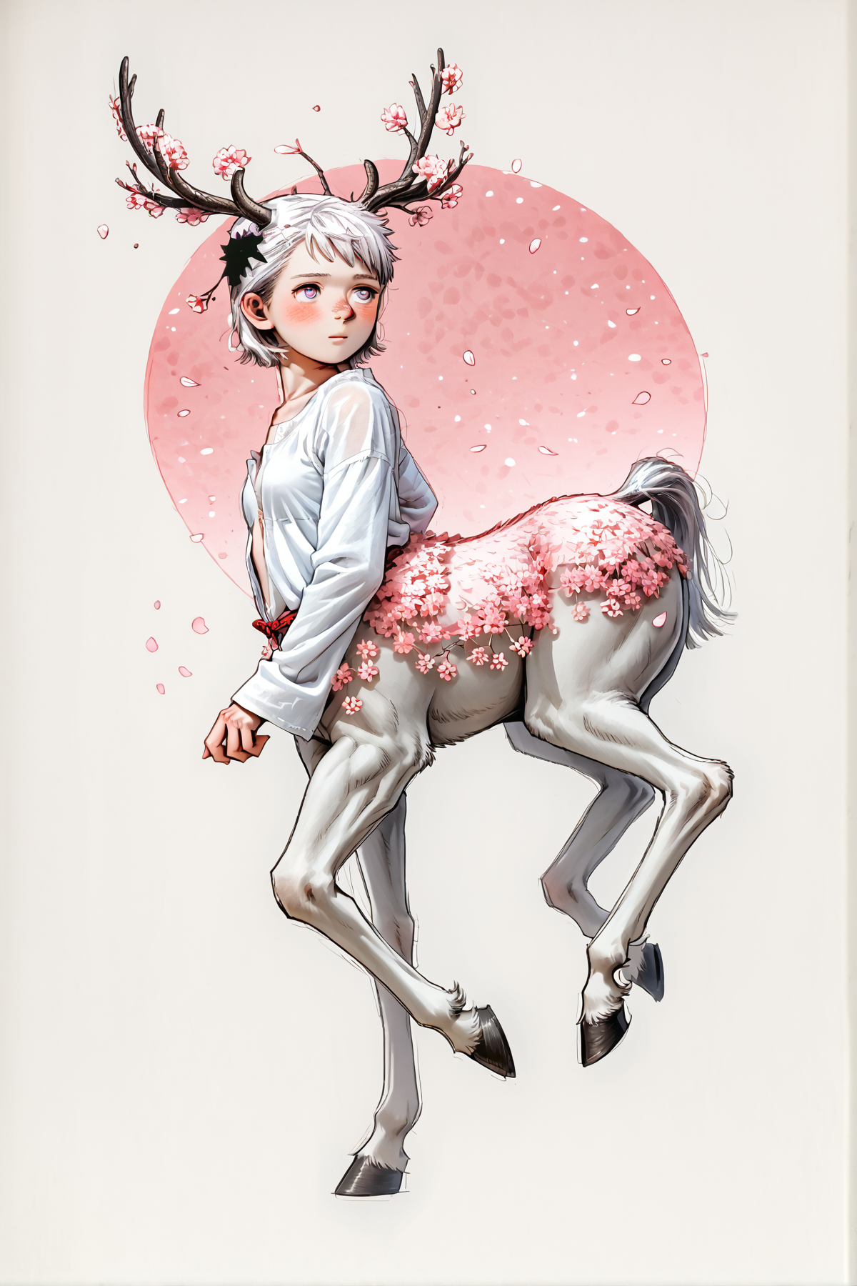SmoothQualityPony, 1 girl, centaur, doe, slender, solo, antlers, flowers, cherry blossoms, simple background, short hair, blush, looking to the side, small breasts,oversized shirt, long sleeves, pale skin, sfw, eyes focus, close-up,