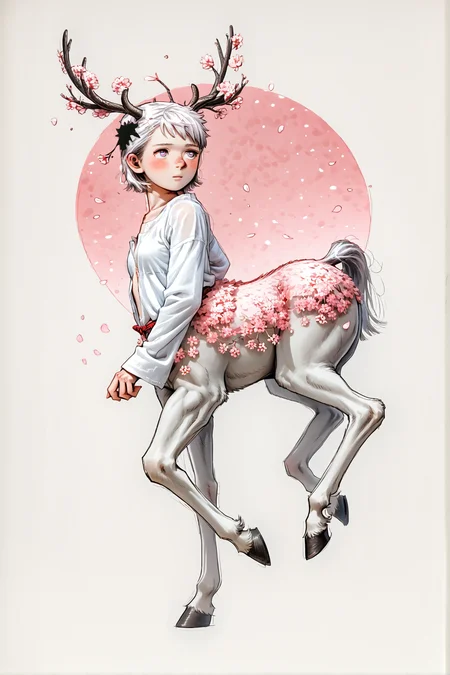 SmoothQualityPony, 1 girl, centaur, doe, slender, solo, antlers, flowers, cherry blossoms, simple background, short hair, blush, looking to the side, small breasts,oversized shirt, long sleeves, pale skin, sfw, eyes focus, close-up,