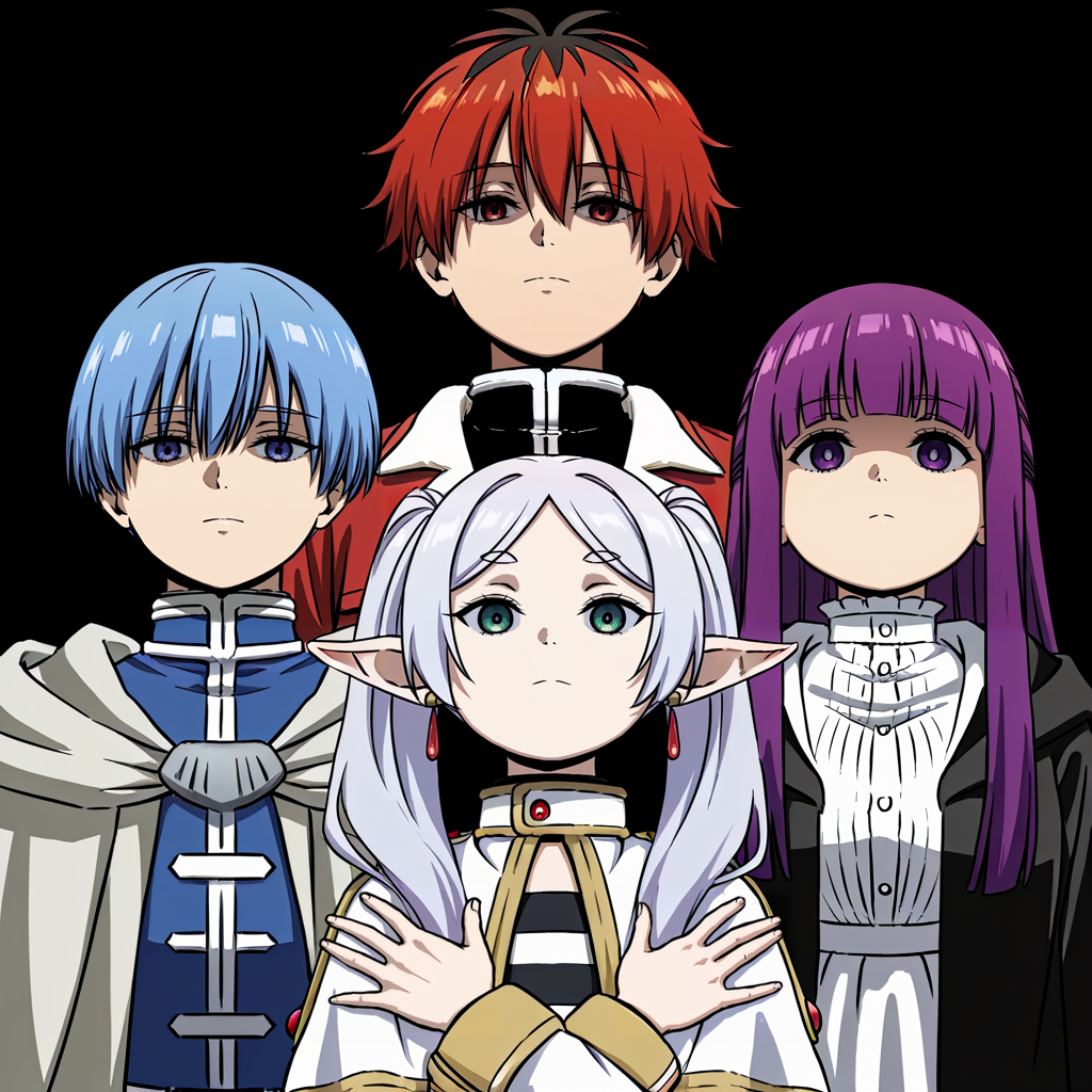 masterpiece, high quality, absurdres, 2girls, 2boys, frieren, fern \(sousou no frieren\), himmel \(sousou no frieren\), stark \(sousou no frieren\), looking at viewer, simple background, closed mouth, crossed arms, black background, shaded face, album cover, <lora:queen_band:1>