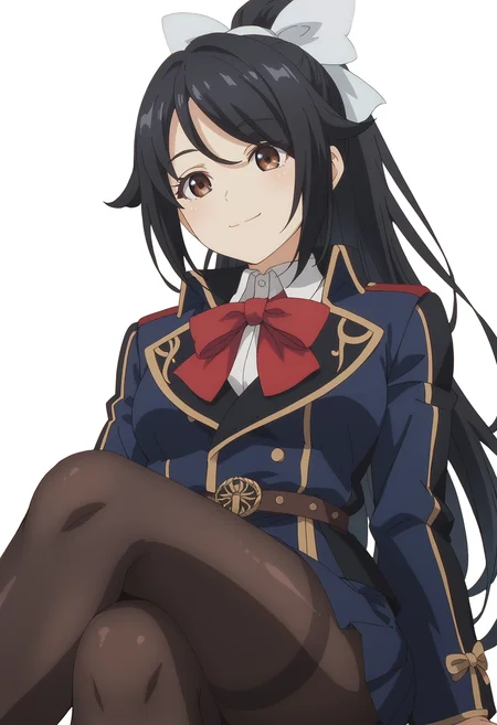score_9_up,score_8_up,score_7_up,<lora:Chloe WELTER_v0.9_pony-000024:1>,
(LTGSR)_Chloe,1girl,solo,brown eyes,black hair,hair bow,long hair,white background,high ponytail,red bowtie,blue skirt,white shirt,black pantyhose,smile,blue jacket,closed mouth,ribbon,cowboy_shot,sitting,crossed_legs,from_below
