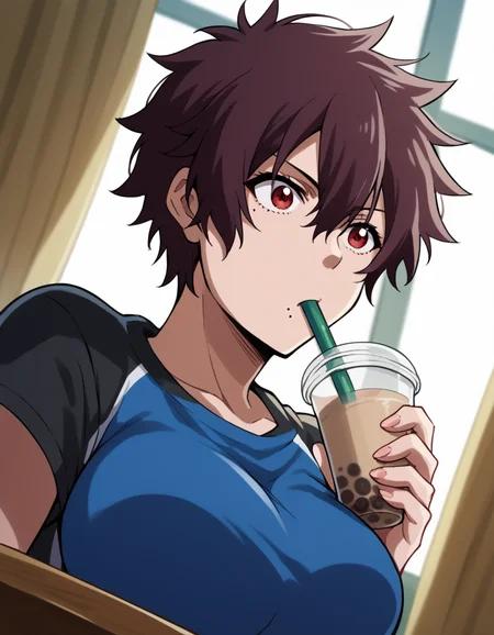 score_9, score_8_up, score_7_up, source_anime, <lora:nagisa-aragaki-s1-ponyxl-lora-nochekaiser:1>, nagisa aragaki, short hair, large breasts, brown hair, red eyes, brown eyes, mole, mole under mouth, tomboy, <lora:bubble-tea-challenge-ponyxl-lora-nochekaiser:1>, bubble tea challenge, bubble tea, object on breast, drinking straw, drinking straw in mouth, drinking, cup,, indoors, sitting, looking down, , dutch angle, cowboy shot