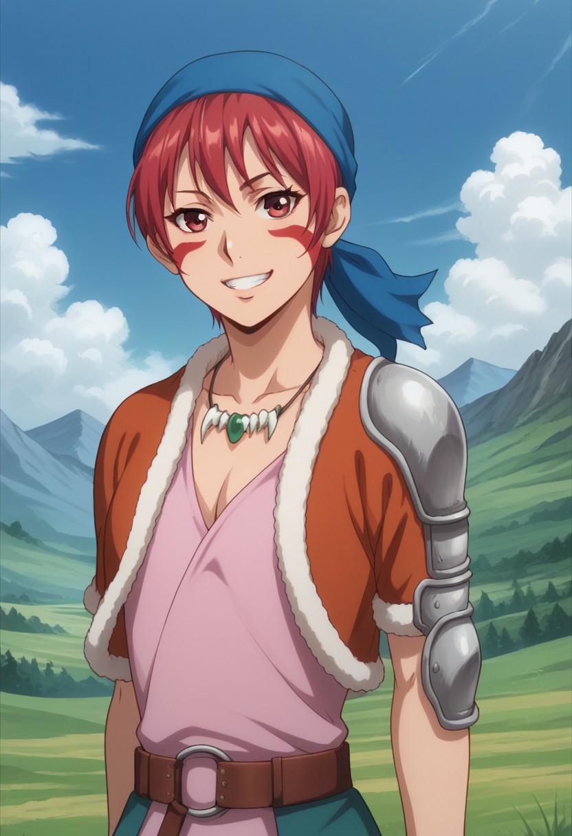 score_9, score_8_up, score_7_up, source_anime, highly detailed, 
alfarid, solo, jewelry, 1girl, red hair, necklace, belt, armor, facial mark, short hair, smile, facepaint,  bandana, red eyes, fur trim, shoulder pads, pauldrons, shoulder armor, upper body, grin
outdoor, mountains, sky, clouds, wind,