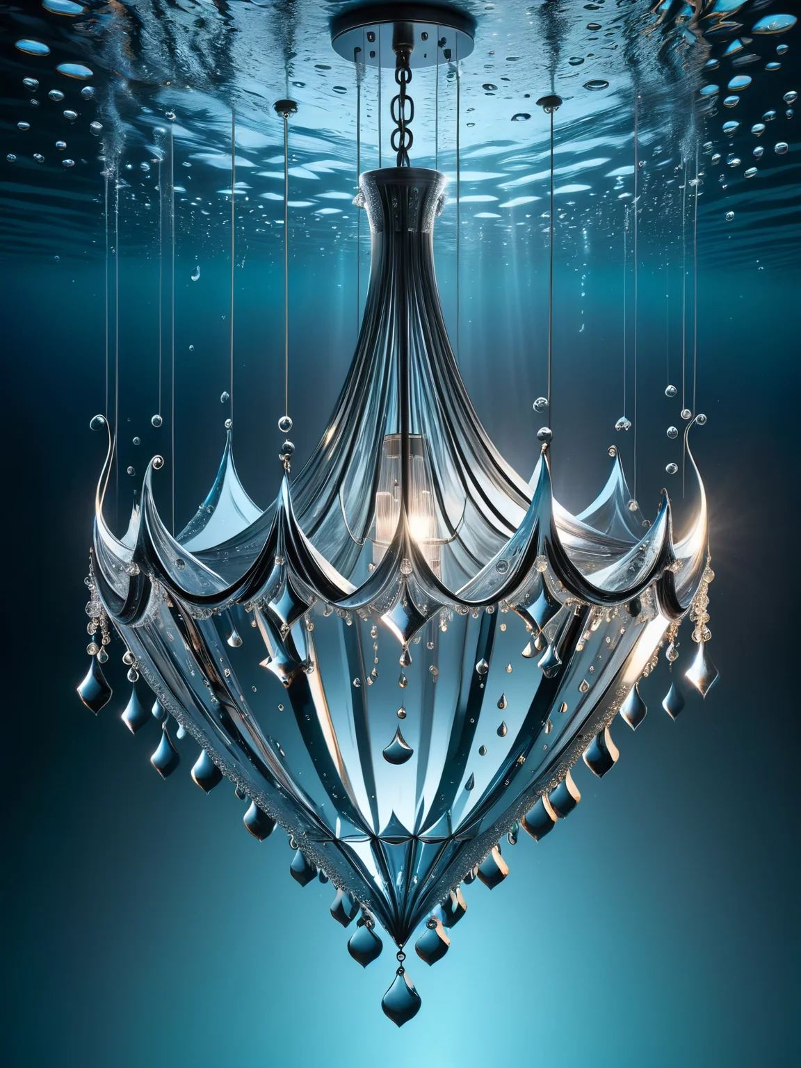 An elegant ais-waterdrops crystal chandelier, submerged in a clear, serene body of water. The ais-waterdrops cling to each crystal, enhancing its sparkle and beauty in an unexpected underwater setting <lora:Waterdrops_Style_SDXL:1>