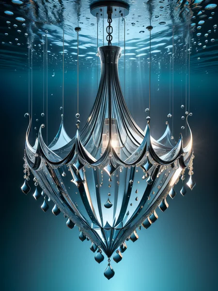 An elegant ais-waterdrops crystal chandelier, submerged in a clear, serene body of water. The ais-waterdrops cling to each crystal, enhancing its sparkle and beauty in an unexpected underwater setting <lora:Waterdrops_Style_SDXL:1>