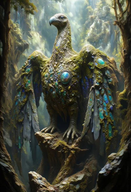 aidmaMJ6.1, aidmaimageupgrader, PsychadelicChaos, A majestic, earth-infused bird with a massive, heavy body covered in vibrant green moss and rugged, textured rocks. Its enormous stone wings stretch wide, crafted from layered, jagged slabs of rock that shimmer with vivid, colorful patterns resembling mineral veins and luminous gemstones. The wings are adorned with intricate mossy patches and small, glowing fungi, adding a mystical, natural beauty. The bird’s thick, sturdy legs resemble tree trunks, rooted in the earth, while its sharp, beak-like stone face glints with a metallic sheen. Perched on a rocky outcrop surrounded by lush greenery, it radiates power and ancient wisdom. The background features a misty forest and cascading waterfalls, emphasizing its connection to the earth element. Soft rays of sunlight pierce through, highlighting the vivid colors and textures of its magnificent stone feathers.