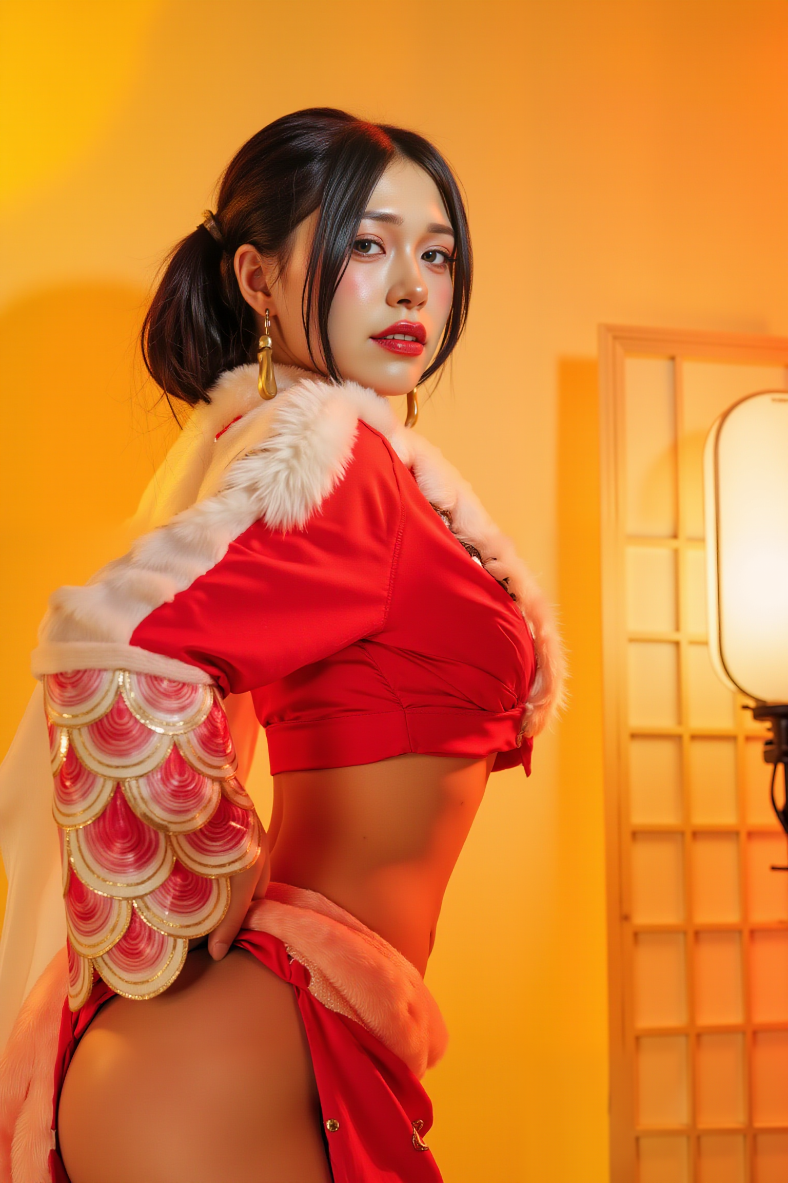 A professional, high-resolution image of a young woman in an elegant twisting pose, with her back partially to the camera and head turned over her shoulder. This sophisticated position creates a beautiful S-curve through the spine while defining the waistline and showcasing the profile of the face in a flattering manner.

She is wearing SGWN40ClothingStyle1, a revealing, red outfit adorned with white fur and gold accents. Her makeup is dramatic, with dark eyeliner and bold, glossy pink lips. 

The lighting features a high-contrast, monochromatic white color scheme that creates a moody, intimate atmosphere. 

The photography technique uses what appears to be soft lighting to create a glamorous effect, with careful attention to highlighting contours while maintaining the dominant light yellow color scheme throughout the frame.

The overall aesthetic combines elements of fashion photography, traditional Asian visual motifs, and contemporary boudoir styling. The dramatic light yellow lighting creates a cohesive visual theme that ties all elements of the composition together.

The white light emit on her to show her feature.