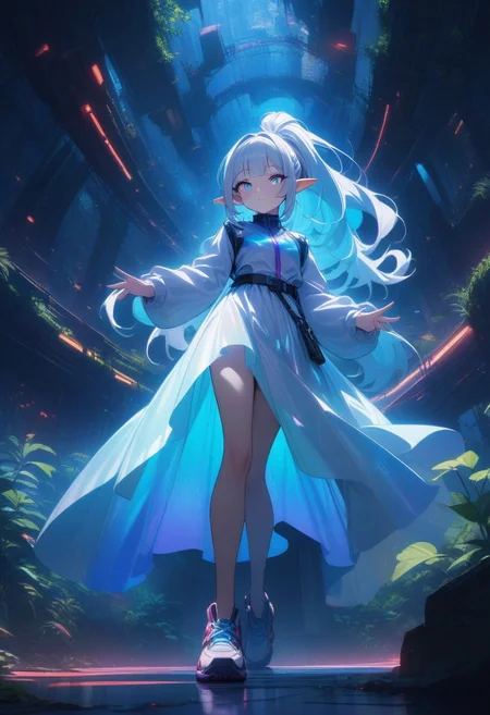 masterpiece, best quality, amazing quality, very aesthetic, absurdres, newest, 1girl, blunt bangs, high ponytail, silver hair, pointy ears, in the depths of a bioluminescent alien jungle, [evangelion:cyberpunk edgerunners:0.5], reflective transparent iridescent opaque clothing, long sleeves, flowing dress, long skirt, very aesthetic, highres, 4k, 8k, intricate detail, cinematic lighting, amazing quality, amazing shading, detailed Illustration, official artwork, wallpaper, official art, extremely detailed eyes and face, beautiful detailed eyes, from below, full body, thigh gap, BREAK <lora:ponyv4_noob1_2_adamW-000017:0.7000000000000001> <lora:USNR_STYLE_XL_lokr:0.45>