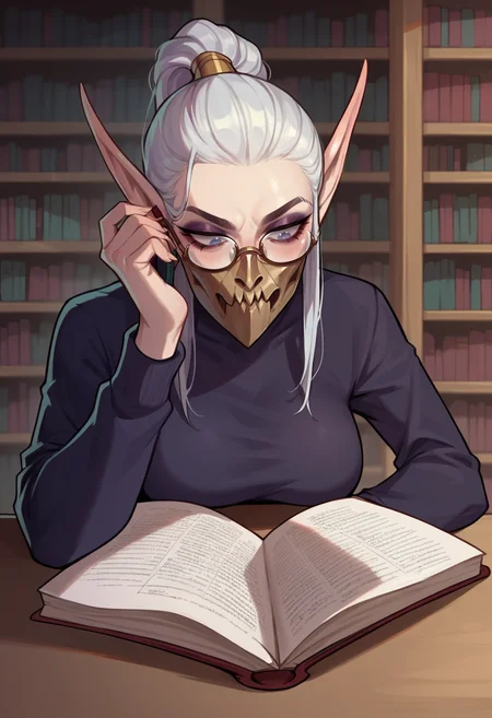 score_9, score_8_up, score_7_up,
DreadLord, elf, woman, solo, pale gray skin, white hair, helmet, mask,
glasses, library, studying,
<lora:Dark_Elf_Dreadlord_PonyXL_Total_War_Warhammer:0.6>