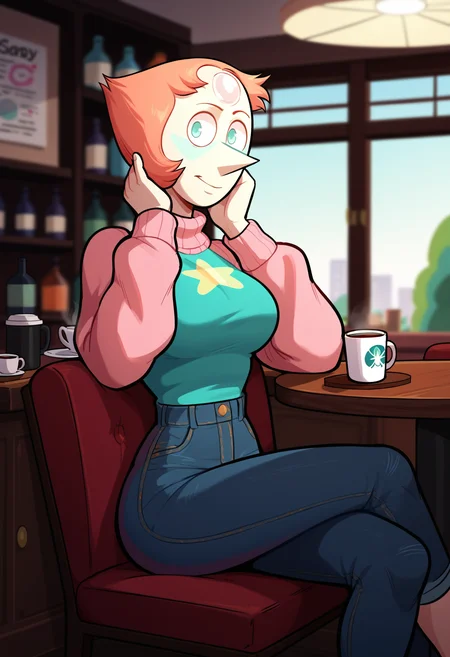 score_9, score_8_up, score_7_up, score_6_up, score_5_up, score_4_up,
BREAK
pearl \(steven universe\), 1girl, blue eyes, orange hair, pearl on forehead, pale skin,
BREAK
front view, solo, clothed, pink knit sweater, sweater tucked in, pale jeans, toned, big breasts, wide hips, sitting on chair, elbows on table, crossed legs,
BREAK
cafe, indoors, furniture, round table, coffee cup, sunny, <lora:incase---1:0.8>, <lora:Pearl_PDXL:0.6>,