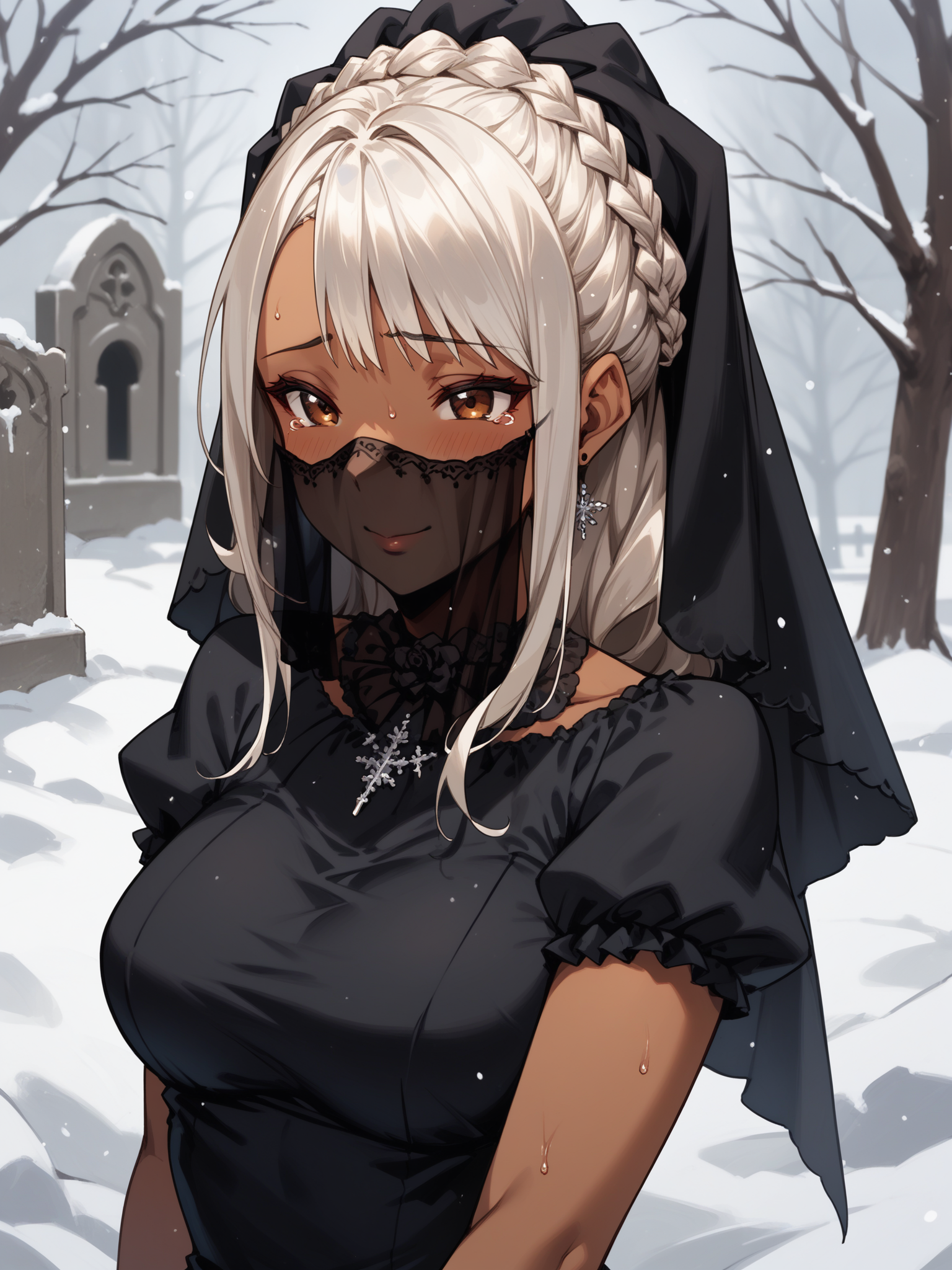 (upper body, solo focus:1.2) <lora:happy_tentacle-mao-v0.2-000036:1>, ht_mao, white hair, brown eyes, tan, dark skin, large breasts (petite:1.2), <lora:Shed_The_Skin's StS_age_slider_v1_initial_release:-1.4> ( :1.1) sweat ( , (crying with eyes open:0.8) , ( :1.2) , smile , (looking at another:1.2) :1.1) , outdoors, vegetation, ( :1.1), winter, snow , (day :0.6), , (:0.5), , ( :0.9), graveyard, funeral, (funeral dress, black dress, black veil:1.3) ( :0.8) score_9, score_8_up, score_7_up, score_6_up, score_5_up, score_4_up, ( [(realistic, photorealistic:1.3):(realistic:1.2):14] [(3d:1.2)::12] :1) <lora:LUUNA's Lunas-NijiJourney-SDXL-B2:0.35>, nijijourney <lora:prgfrg23's Counterfeit-V3.0 Style SDXL_LoRA_Pony Diffusion V6 XL:0.5> <lora:mfcg's mfcgXL:0.12> <lora:reweik's gyokai(himehajime)_PonyXL_style_v01:0.14>