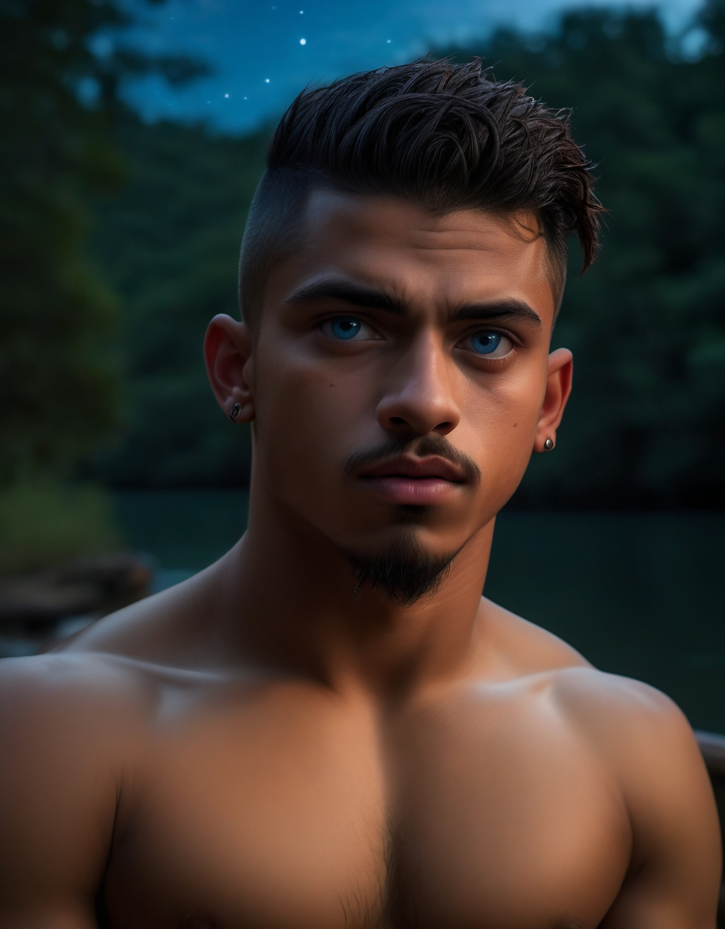 <lora:Smooth_skin_man:.5> photo of a (young)  young latino man, (half body in frame:1.3), ((young face)), muscular, blue eyes, goatee, abs, cornrows hair, angry expression, lying back, body, (huge penis and testicles:1.2), (night), looking at viewer, nude, innocent face, forest background, trees, river, high detail, realistic, high detail, 8k, (Masterpiece, high quality:1.3), masterpiece, depth of field, bokeh, detailed, homoerotic, (homoerotic), highly detailed, sharp focus, intricate, smooth, elegant, fantasy, cinematic lighting, cinematic, masterpiece, matte, photorealistic, 4k, beautiful, volumetric lighting, dramatic,