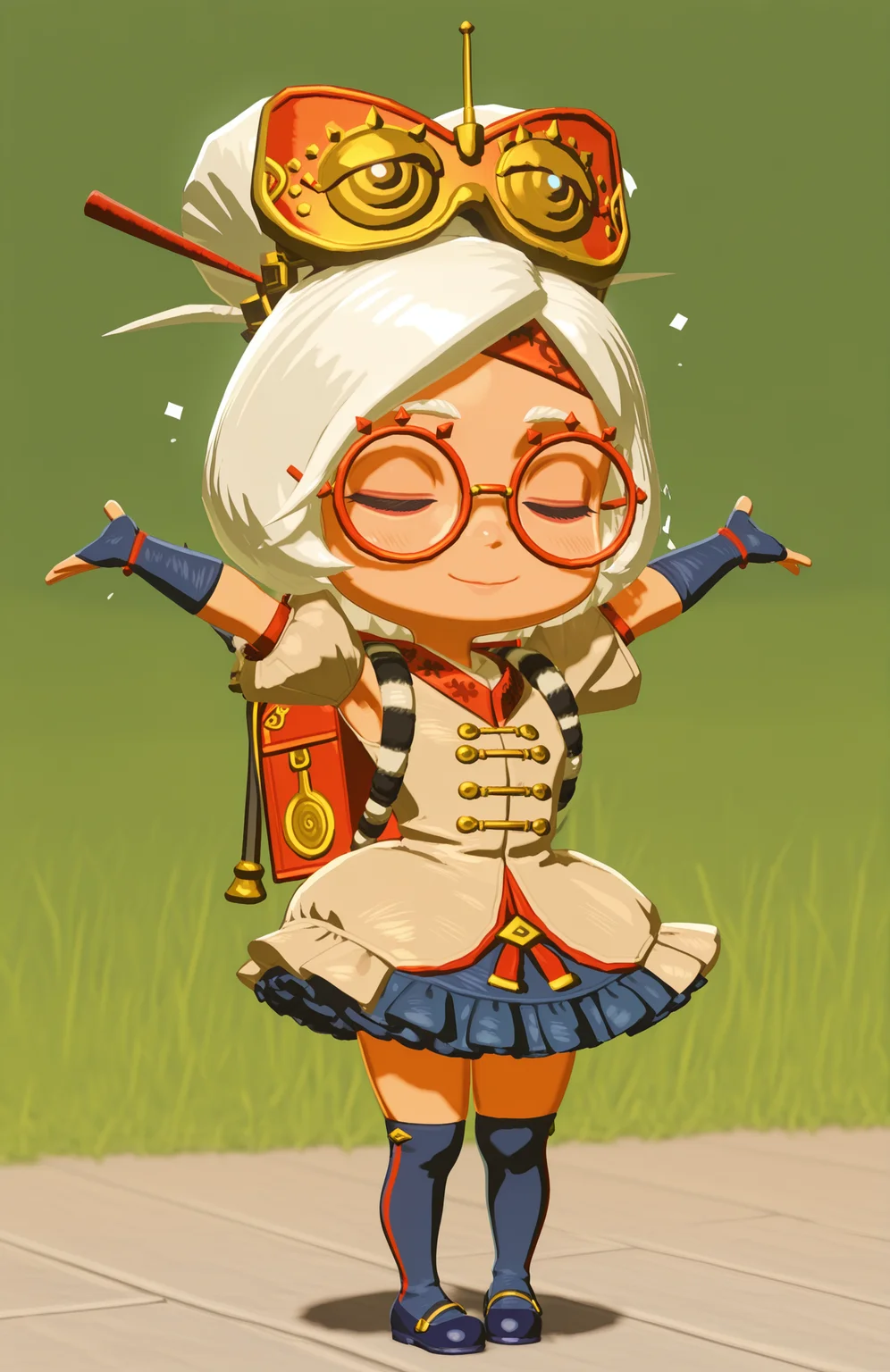 <lora:anatomy_helper:0.8> 1girl, solo, minaret, full body, = =, happy aura, closed eyes, light smile,,armpits, 3d
<lora:LilPurah-IL:1> prhmini, red eyes, red-framed eyewear, red-framed eyewear, beige jacket, blue skirt, frilled skirt, blue socks, kneehighs, blue footwear, mary janes, red headband, goggles on head, hair stick, hair beads, fingerless gloves, blue gloves, petticoat, randoseru, red bag, bag straps, blue and white striped strap, chibi, extremely detailed, highres, masterpiece, best quality