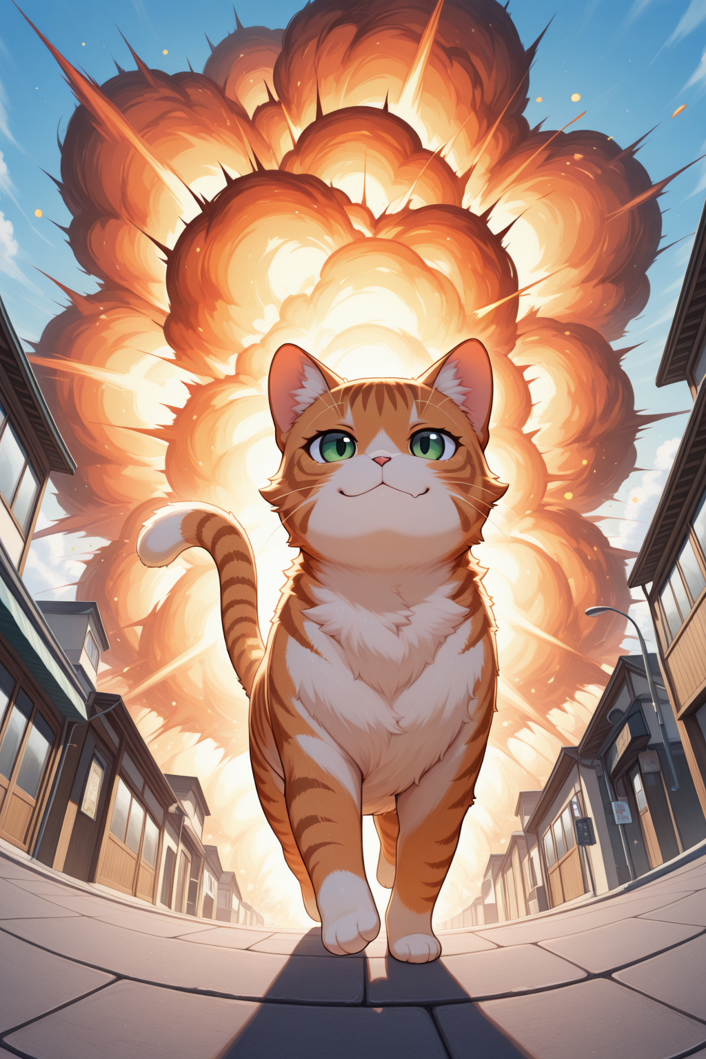 embedding:lazypos,anime, outside, sidewalk, low angle view, from below, sky, bokeh, (large explosion in background)
<break>
Tabby cat, orange fur, smug face, chubby, walking towards viewer, tail up, looking ahead, cute, fluffy, (feral), strutting, confident <lora:TrendCraft_The_Peoples_Style_Detailer-v1.0A-3_13_2025-illustrious:0.2>
