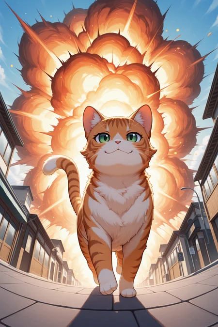 embedding:lazypos,anime, outside, sidewalk, low angle view, from below, sky, bokeh, (large explosion in background)
<break>
Tabby cat, orange fur, smug face, chubby, walking towards viewer, tail up, looking ahead, cute, fluffy, (feral), strutting, confident <lora:TrendCraft_The_Peoples_Style_Detailer-v1.0A-3_13_2025-illustrious:0.2>