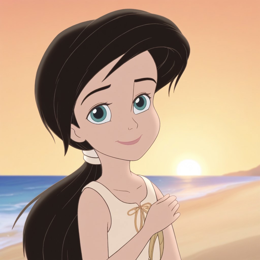 close up,melody,aqua eyes,thick eyebrowns,black hair,ponytail,smile,closed mouth,white hairband,arms down,green undershirt,sleeveless,one sleeve,sea,yellow sunrise beach background