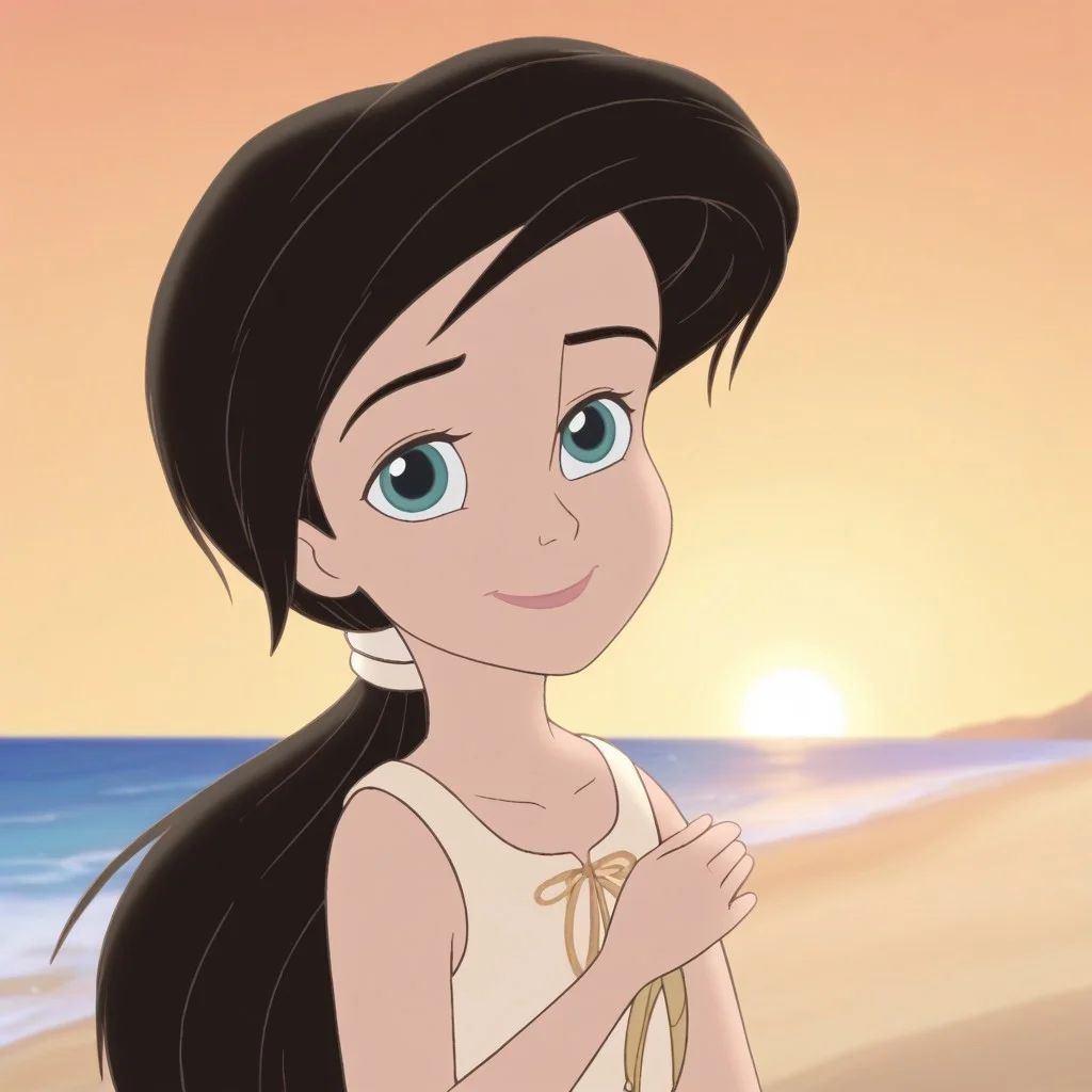 close up,melody,aqua eyes,thick eyebrowns,black hair,ponytail,smile,closed mouth,white hairband,arms down,green undershirt,sleeveless,one sleeve,sea,yellow sunrise beach background