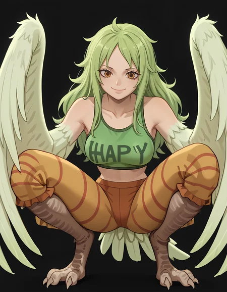1girl, solo, m0net, green crop top, talons, squatting, closed mouth smile, simple black background, <lora:Char - Monet Epoch 10:1> <lora:Style - Bartolomeobari:0.5>