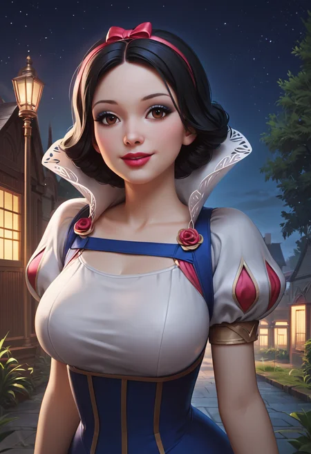 PonyXLV6_Scores,source_anime,masterpiece,best quality, highly detailed,cinematic,unity 8k wallpaper, amazing quality, masterpiece, best quality, UHD, perfect anatomy,
BREAK
<lora:blancanieves:0.8>snowwhite, 1girl, solo, brown eyes, black hair,sepuffy sleeves, dress, short sleeves, puffy short sleeves, lipstick, short hair, makeup, looking at viewer,night,seductive smile,upper body, large breasts,night sky, outdoors,