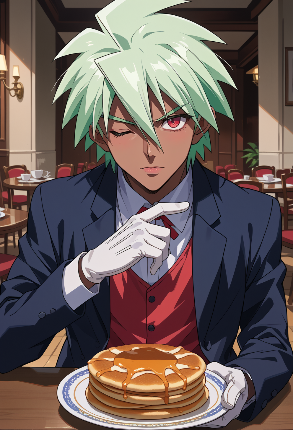 score_9, score_7_up, source_anime, BREAK  <lora:AEKazuki:0.9> AEKazukiVictor, dark skin, green hair, hair between eyes, red eyes, short hair, wink, holding plate, butler, white gloves, pancake stack,