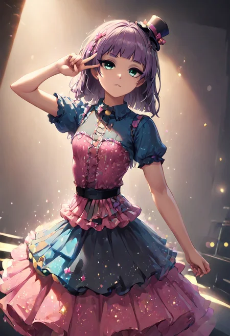 SFW, rating_all, dutch angle shot, score_10, score_8_up, score_7_up, (((human))), 1female, (((solo))), (((Maud Pie in an idol dress))), ((idol dress)), idol, pink dress, layered dress, pink bow, microphone, holding microphone to mouth, on stage, cute pose, (((expressionless face))), (mini top hat), (((performing on stage))), beautiful, detailed, vector, flat colors, ((correct finger anatomy)), (((v over eye))), magical-girly, stage lights, glitter, sparkles, mad-confetti-explosion