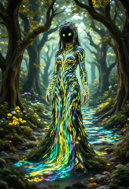 A sylvan creature, its skin the color of moss and its eyes shimmering with an emerald glow, stands within an ancient grove. It wears a dress woven from moonlight and wildflowers, adorned with iridescent feathers and shimmering with an ethereal light. Its presence seems to make the sunlight filter through the leaves in a kaleidoscopic dance, the colors blending and swirling like liquid dream