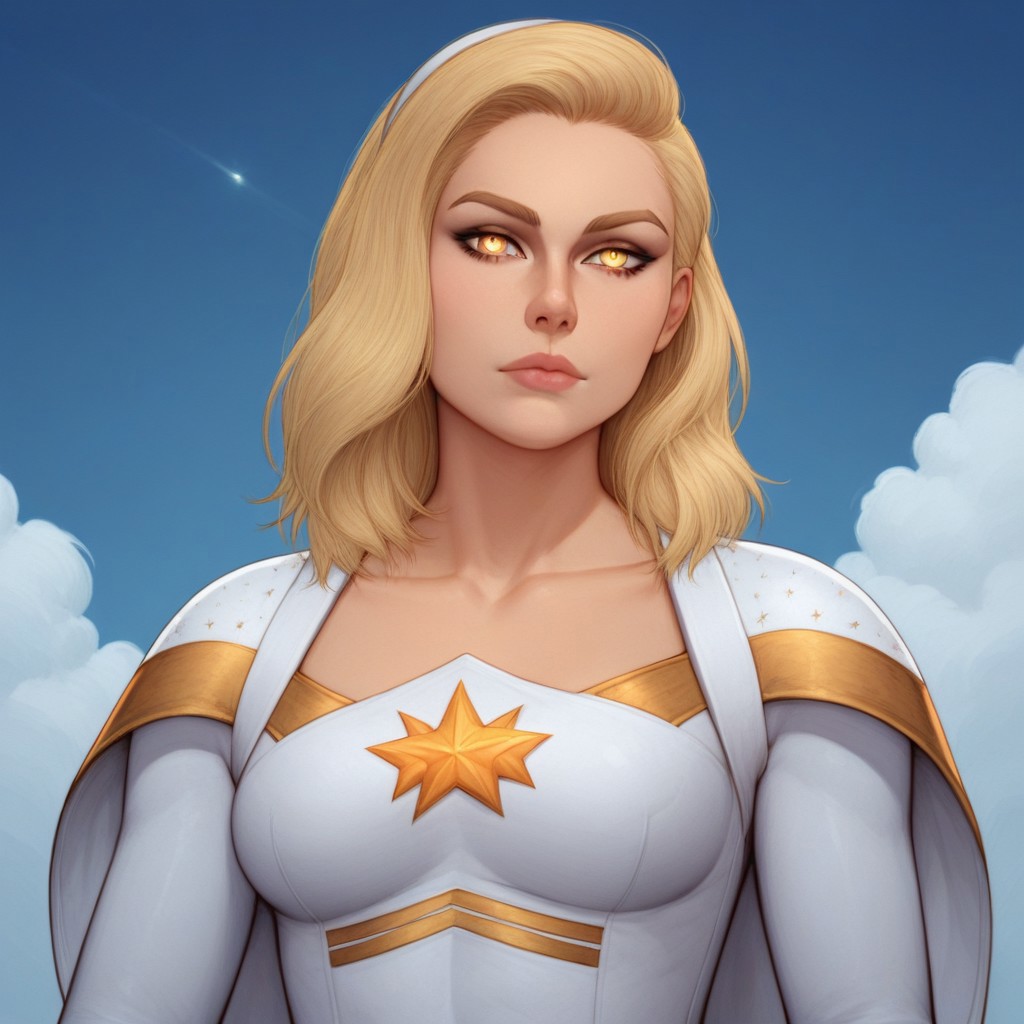 2d, score_9, score_8_up, score_7_up, score_6_up, score_5_up, score_4_up, Expressiveh, 1 girl, solo, intricate details, rating_adult, Expressiveh, WJS07style. starlight, blonde hair, beautiful woman, glowing_yellow_eyes, starlight_costume, sky background, clouds. sunshine in background.