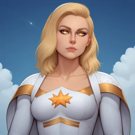 2d, score_9, score_8_up, score_7_up, score_6_up, score_5_up, score_4_up, Expressiveh, 1 girl, solo, intricate details, rating_adult, Expressiveh, WJS07style. starlight, blonde hair, beautiful woman, glowing_yellow_eyes, starlight_costume, sky background, clouds. sunshine in background.