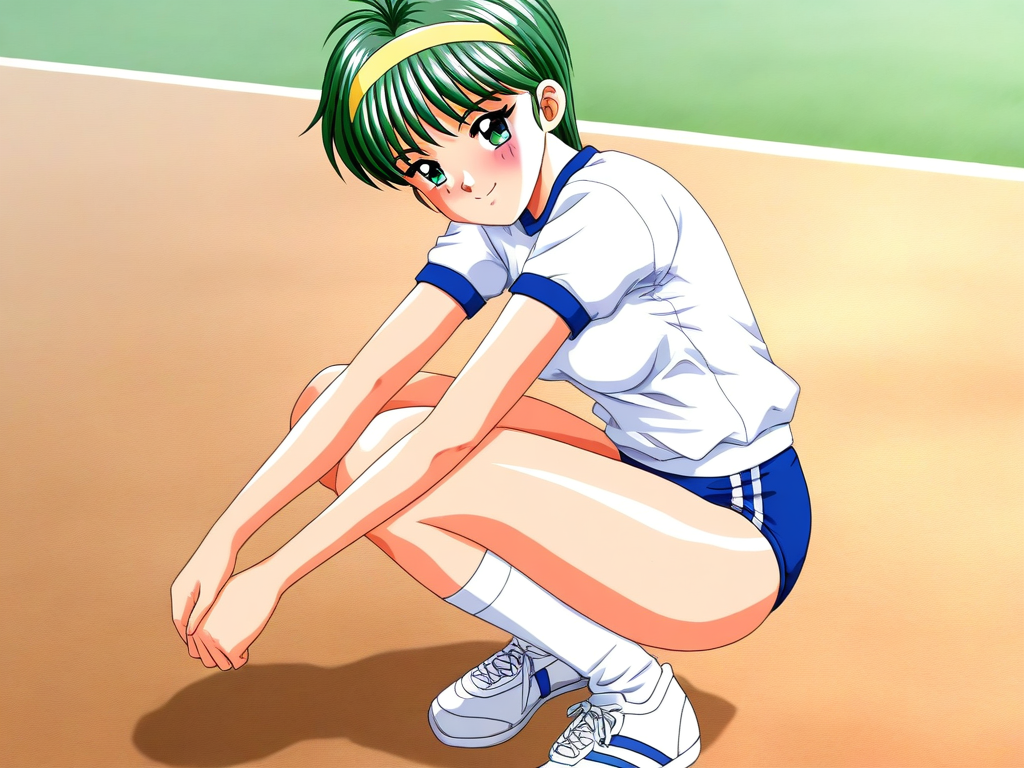 general,highres, ultra-detailed,very aesthetic,best quality ,best hands, BREAK <lora:Kiyokawa_Nozomi_Tokimeki_Memorial_IS:1>
Kiyokawa_Nozomi(Tokimeki_Memorial), 1girl, solo, green hair, short hair, green eyes, bangs, medium breasts,
gym uniform, hairband, buruma, smile, sneakers, blush,squat,
 blue buruma, shoes, looking at viewer,