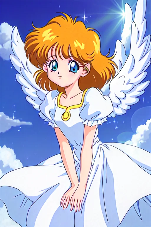 1girl, 80's anime style, <lora:TFM_FTA:0.2>, as an angel in a ray of sun, clouds, blue sky, shining satrs, sparkles, wings
