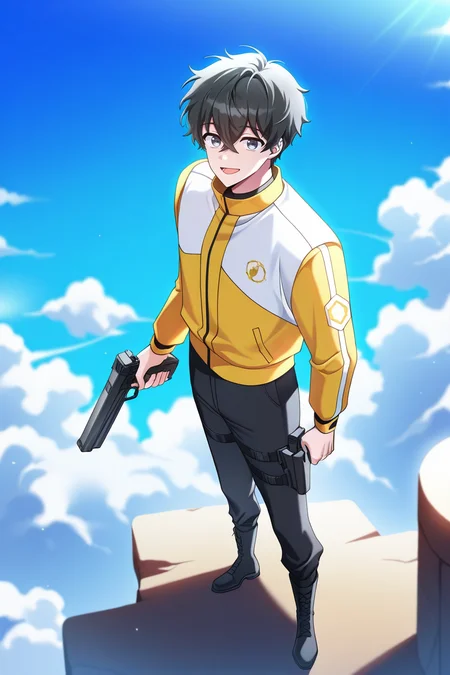 masterpiece, best quality, amazing quality, very aesthetic, high resolution, ultra-detailed, absurdres, newest, scenery, volumetric lighting, depth of field,anime screencap, , , 1boy, solo, male focus, <lora:kim_hajin:0.86>,kim hajin, black hair,grey eyes,short hair,looking at viewer,hair between eyes,smile, open mouth,long sleeves, holding, standing, yellow white jacket,Two-tone jacket, full body, weapon, outdoors,boots, sky,pants, cloud, black footwear, holding weapon, blue sky, gun, black pants, holding pistol,from above