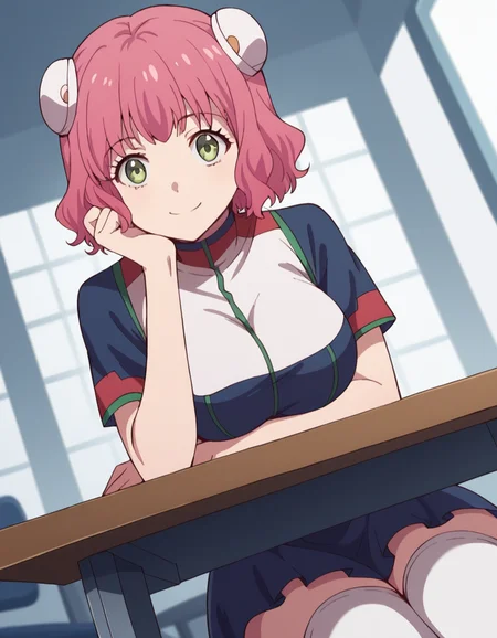 score_9, score_8_up, score_7_up, source_anime, <lora:aries-spring-s1-ponyxl-lora-nochekaiser:1>, aries spring, short hair, green eyes, pink hair, hair bun, double bun, large breasts,, thighhighs, dress, short sleeves, white thighhighs, zettai ryouiki,, indoors, sitting, head rest, table,, smile, looking at viewer, solo,, cowboy shot, dutch angle