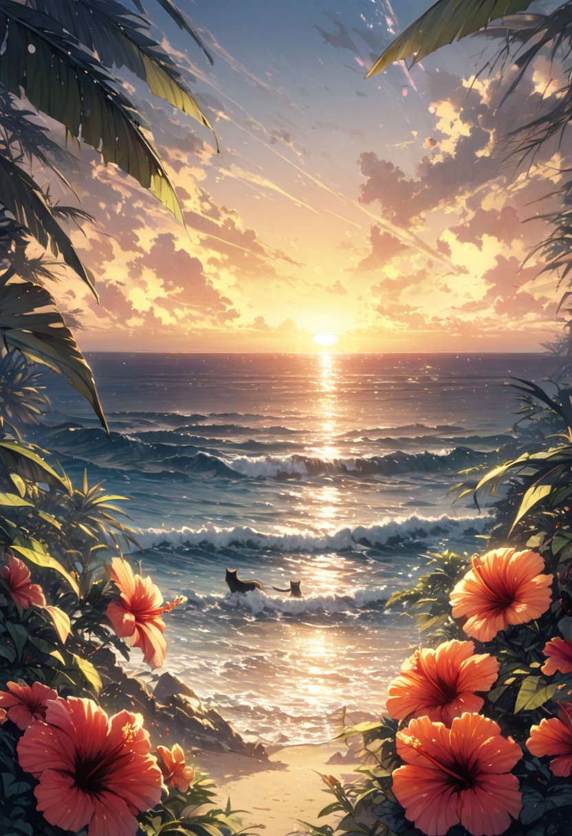 detailed background,( dreamy atmosphere, Calm landscape), amongst lush greenery, beautiful view, hibiscus in full bloom, hibiscus, early morning, sunrise sky, beautiful clouds, dappled sunlight, beautiful, Tropical Beach, see the ocean, beautiful ocean, petals dancing in the wind, depth of field, masterpiece, best quality, ultra-detailed, very aesthetic, illustration, perfect composition, intricate details, absurdres, moody lighting, wisps of light, no humans, cat