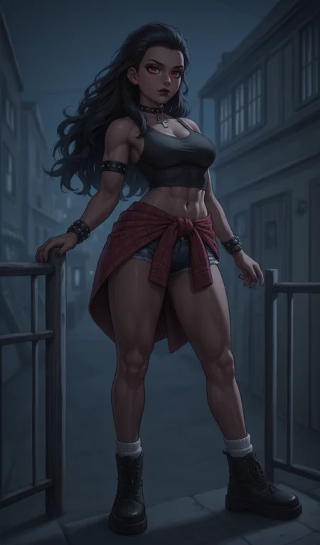 camila noceda, (very dark skin:0.8), muscular woman, black hair, long wavy hair slicked back, eyelashes, red eyes, freckles, smokey eyeshadow, black lipstick, earstuds,
solo, realistic, masterpiece, outside, night, full body,
studded choker, small ankh pendant, black tank top, medium breasts, midriff, studded black belt, studded bracelets, black nails, denim cutoffs, red plaid shirt tied around waist, white ruffled socks, black grunge boots,