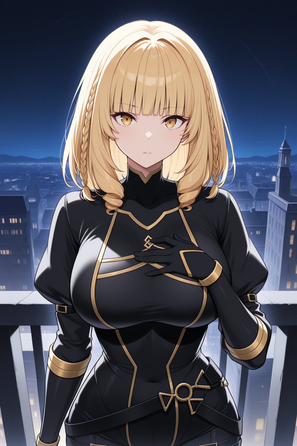 masterpiece, best quality, 1girl, solo,  <lora:roseoriana-illu-nvwls-v1-000006:1> sdoriana, blonde hair, medium hair, braid, blunt bangs, yellow eyes, brown eyes, black bodysuit, gold trim, puffy sleeves, black sleeves, black belt, black gloves, thigh strap, black pants, large breasts, night sky, city, upper body, looking at viewer, expressionless, hand on own chest, hdr