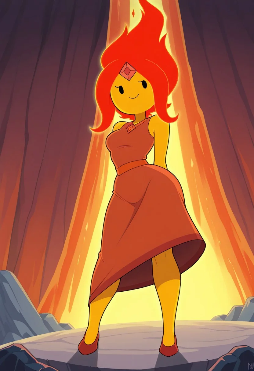 masterpiece, best quality, newest, absurdres, highres, 1girl, amazing quality, good lighting, 1girl, solo,yellow skin, red hair, red dress, medium hair, red fiery hair, flameprincessILL looking at viewer, dynamic angle, foreshortening, black eyes, cartoon, source_CARTOOn, slimthick, fit, smiling, flame princess from adventure time, full body, hand behing back, inside a volcano, standing on rock, sfw, safe for work, safe_pos