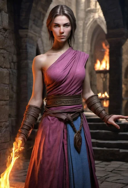 (photo:1.75) (D&D character) tan (Age 21) (monk/fire sorceress:1.23) (shorter layered hair, light brunette:1.26) (5'8) (130lbs) (28B-23-31 figure:1.24) makeup (sliver/pink attire:1.2) athletic (medium breasts) (blue eyes:1.15) in monastery full body real life realistic HDR