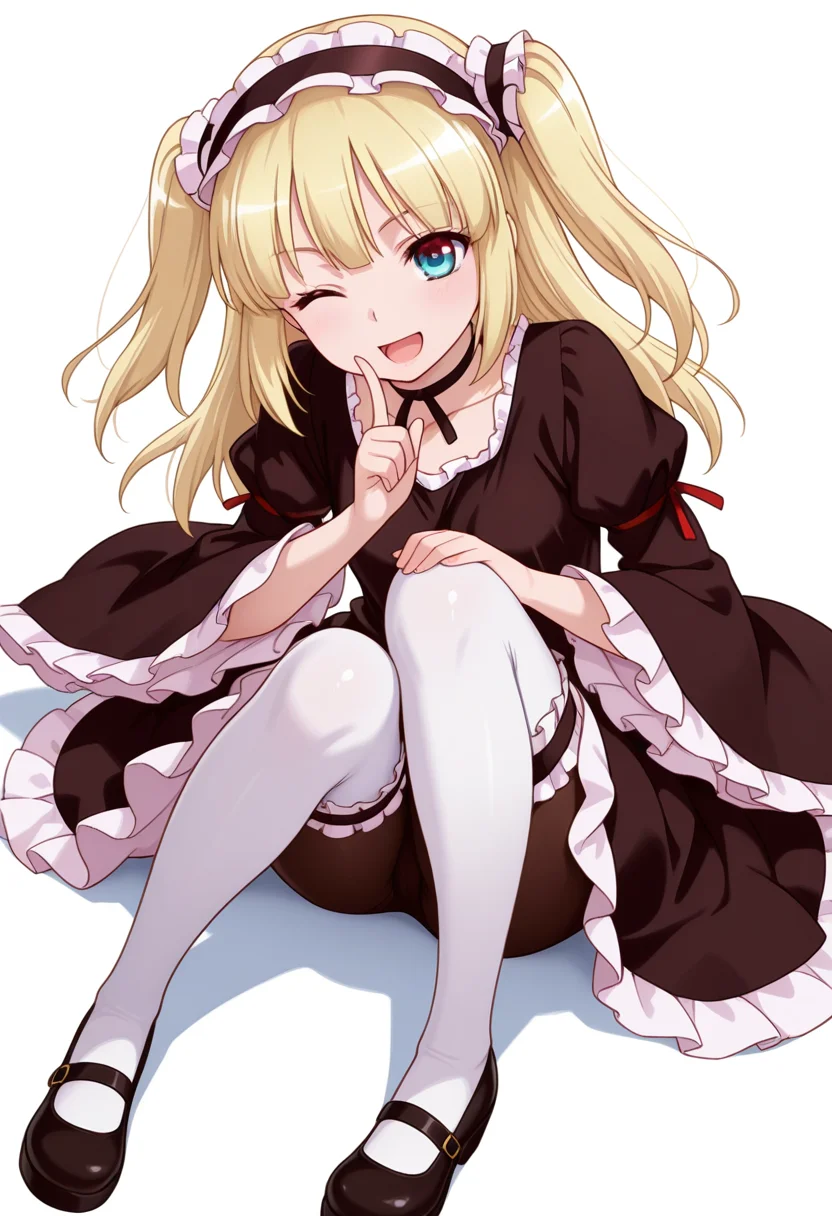 Smooth Quality,masterpiece,very intricate, high quality details, ultra realistic, high detailed skin,detailed enviorement,absurdres,
index finger raised,
<lora:Kobato_Hasegawa_CNR:0.8> kobato_cnr, hasegawa kobato, 1girl, blonde hair, two side up, heterochromia, red eyes, blue eyes,
dress, hairband,choker,white thighhighs, pantyhose,mary janes, shoes, bridal garter, long sleeves, wide sleeves,, simple background, white background, dynamic angle,solo,, ;d,