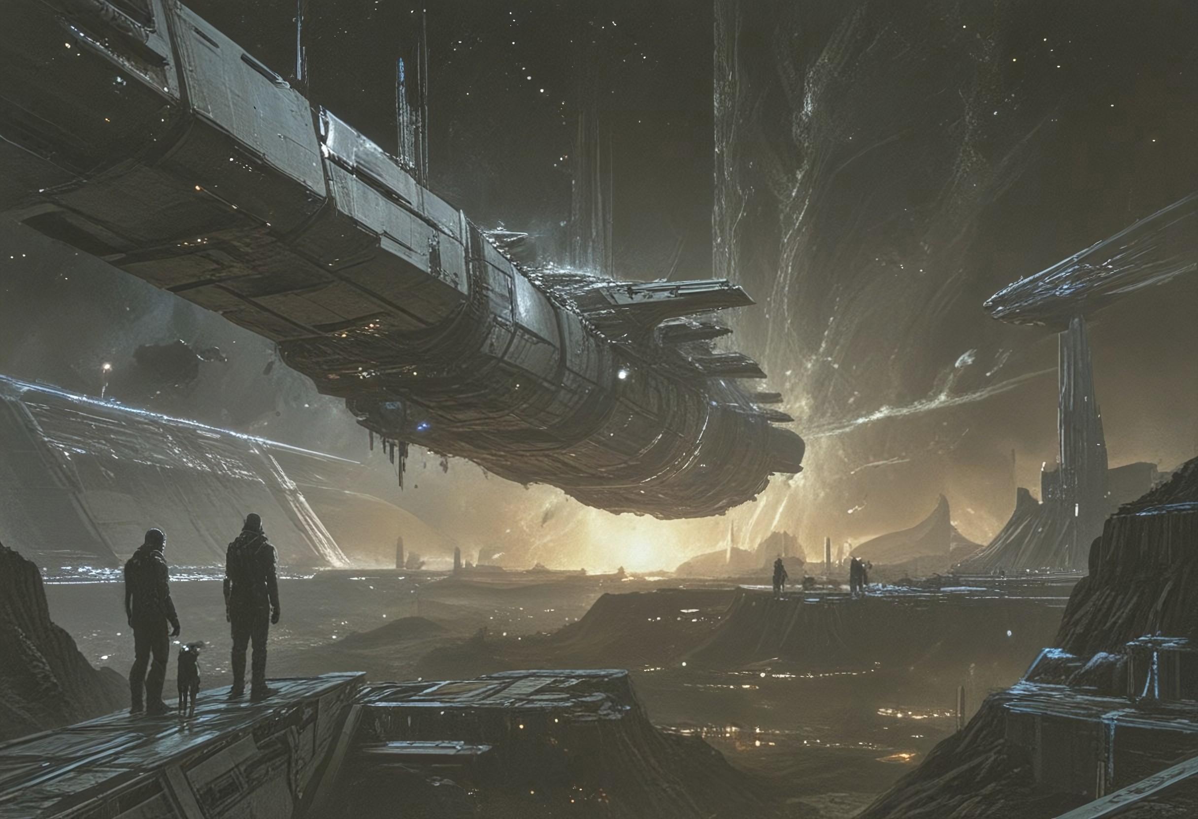"axiomatic deconstruction of cascading platonic ideals, surmise to say our time is running out, reports of prototheistic factions gaining traction in the galactic colonies, god what a nightmare, nigh on ungovernable, humanity never evolved to exist in such bloated civilizations; we were meant to live in villages, not in settlements spread across the galaxy, with these hyperspace conflicts, ultra faction traders, faster-than-light travel, geo-political agendas, rogue artificial superintelligences running disinformation campaigns..." ((cinematic scifi concept-art, highly complex, interwoven visual storytelling)),