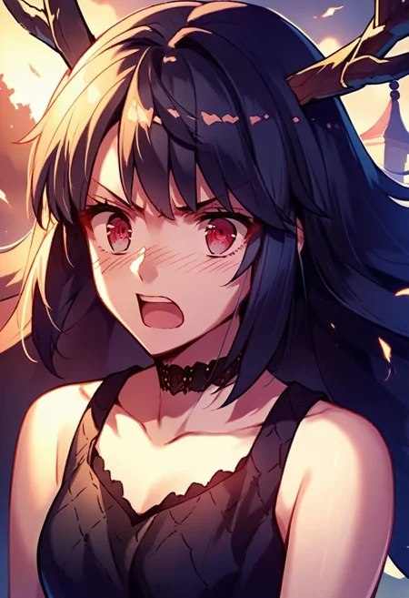 score_9,score_8_up,score_7_up,source_anime, Naden Delal,1girl,solo,blush,open mouth,bare shoulders,upper body,choker,v-shaped eyebrows,