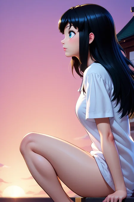 score_9, score_8_up, score_7_up,score_6_up,score_5_up,score_4_up, suma, 1girl,from side, solo, blackhair, blue eyes,long hair, sitting, profile, rooftop,east asian architecture,japanese architecture, looking ahead, sunset, white t-shirt,oversized clothes,knee up, no pants <lora:SumaPony_v1:1>