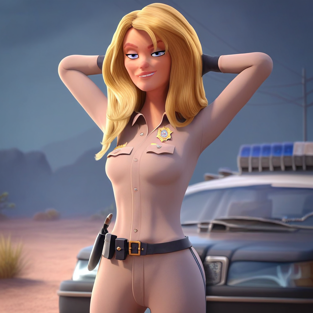 score_9, solo, officer_jaffe, blonde hair, long hair, blue eyes, gloves, police uniform, smirk, hands behind head, outdoors,