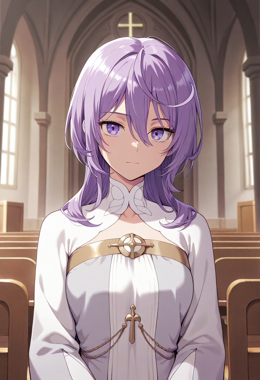 masterpiece,best quality,amazing quality, philia parnacorta, purple hair, purple eyes, 1girl, solo, indoors, church, looking at viewer, dress, white dress, closed mouth, long hair, upper body